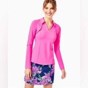 Lilly Pulitzer Luxletic Martina Long Sleeve Polo in Plumeria Pink Ruffle Size L